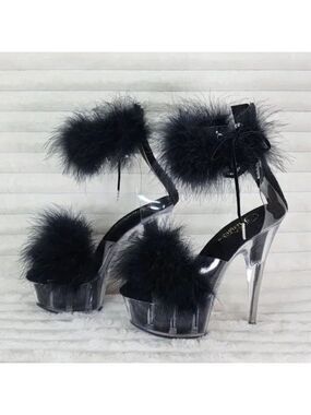 NIB Delight 624F Black Furry Marabou Feather 6" High Heel Platform Shoes NEW